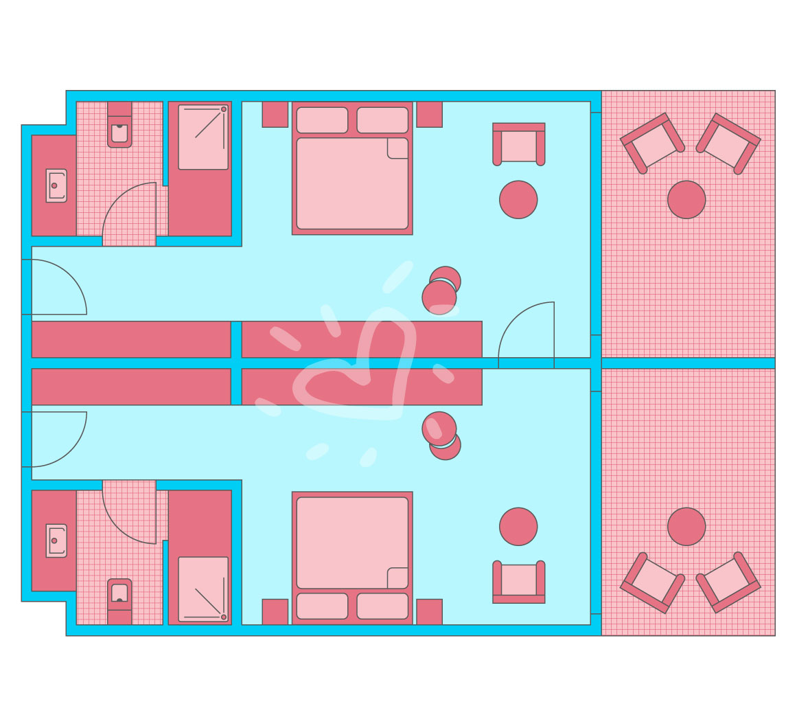 Familienzimmer mit Verbindungstür eingeschränkter Meerblick